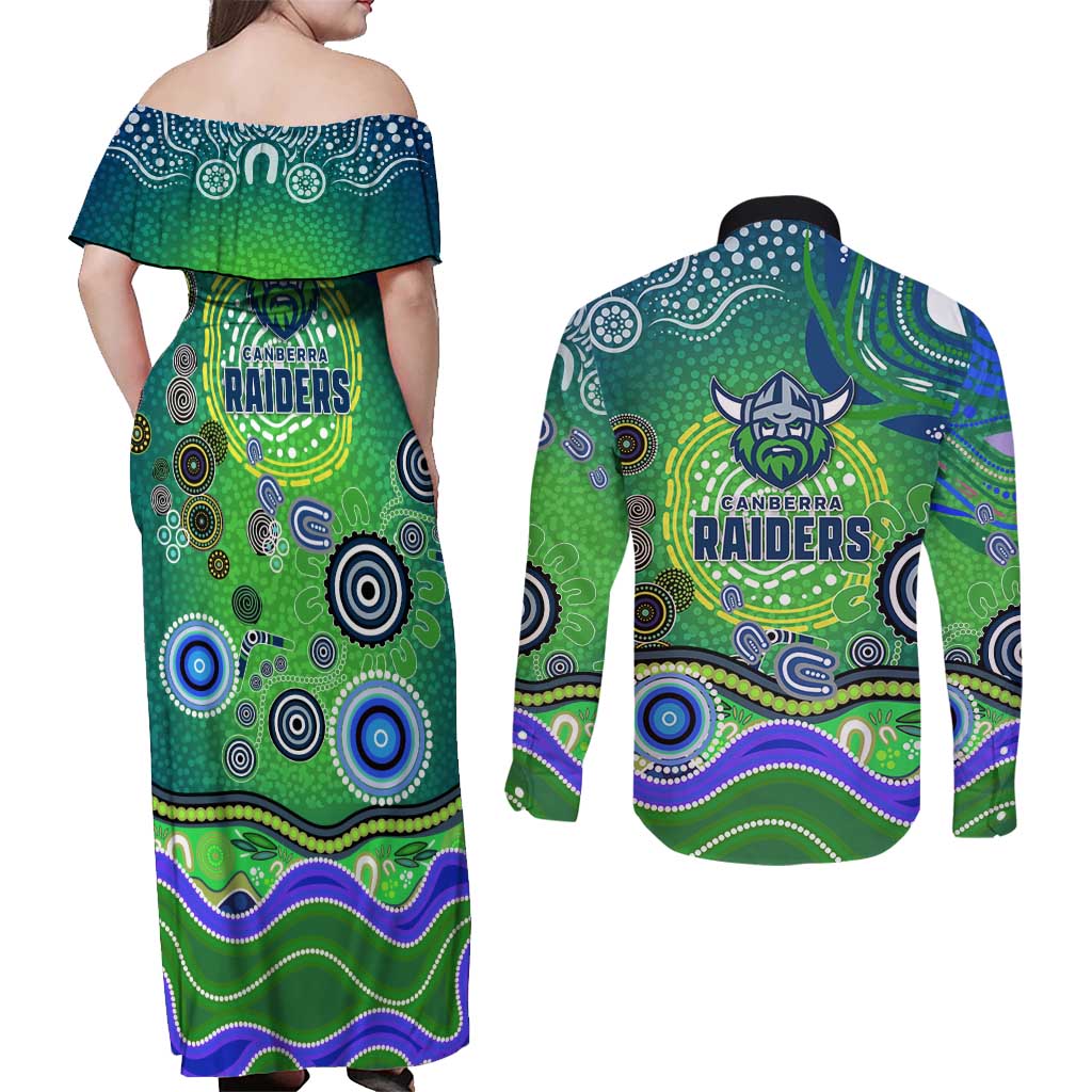 Canberra Raiders Rugby Couples Matching Off Shoulder Maxi Dress and Long Sleeve Button Shirt Australian Aboriginal Dot Painting Style