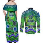 Canberra Raiders Rugby Couples Matching Off Shoulder Maxi Dress and Long Sleeve Button Shirt Australian Aboriginal Dot Painting Style