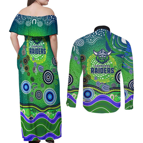 Canberra Raiders Rugby Couples Matching Off Shoulder Maxi Dress and Long Sleeve Button Shirt Australian Aboriginal Dot Painting Style