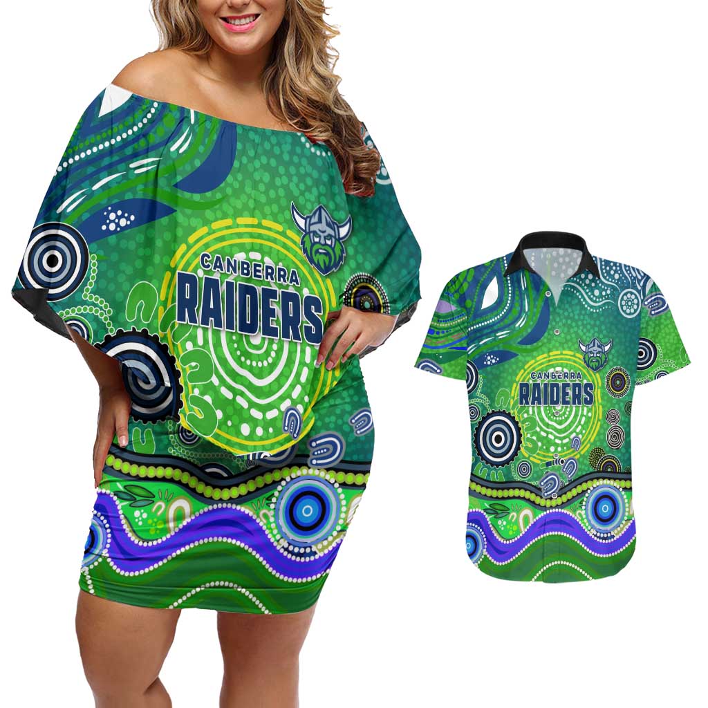 Canberra Raiders Rugby Couples Matching Off Shoulder Short Dress and Hawaiian Shirt Australian Aboriginal Dot Painting Style