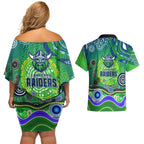 Canberra Raiders Rugby Couples Matching Off Shoulder Short Dress and Hawaiian Shirt Australian Aboriginal Dot Painting Style