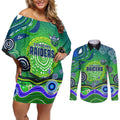 Canberra Raiders Rugby Couples Matching Off Shoulder Short Dress and Long Sleeve Button Shirt Australian Aboriginal Dot Painting Style