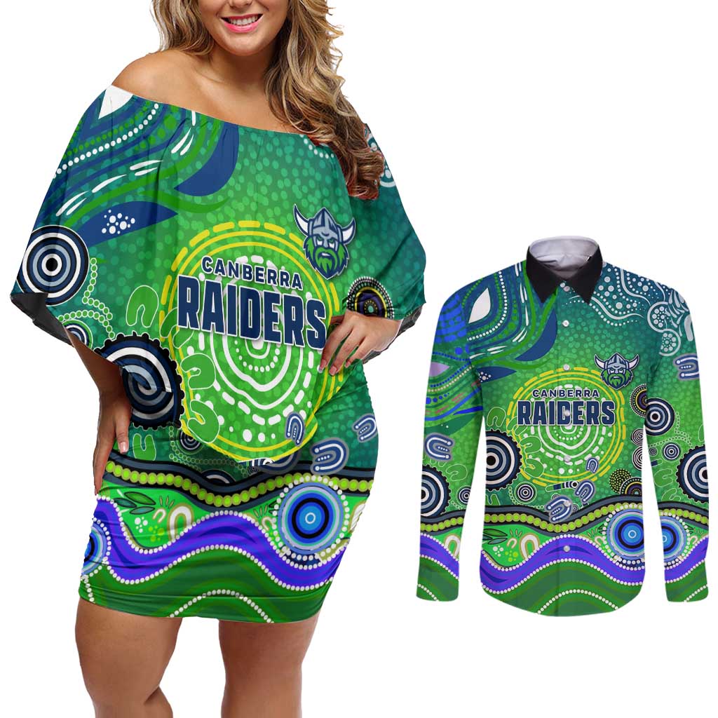 Canberra Raiders Rugby Couples Matching Off Shoulder Short Dress and Long Sleeve Button Shirt Australian Aboriginal Dot Painting Style