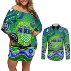 Canberra Raiders Rugby Couples Matching Off Shoulder Short Dress and Long Sleeve Button Shirt Australian Aboriginal Dot Painting Style