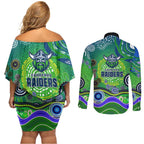 Canberra Raiders Rugby Couples Matching Off Shoulder Short Dress and Long Sleeve Button Shirt Australian Aboriginal Dot Painting Style