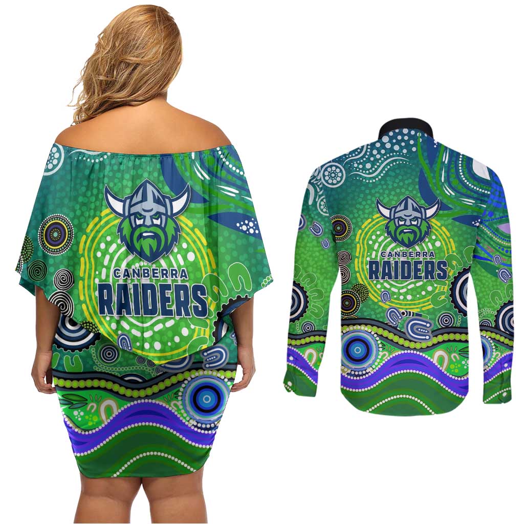 Canberra Raiders Rugby Couples Matching Off Shoulder Short Dress and Long Sleeve Button Shirt Australian Aboriginal Dot Painting Style