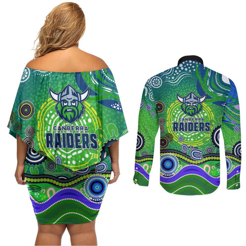 Canberra Raiders Rugby Couples Matching Off Shoulder Short Dress and Long Sleeve Button Shirt Australian Aboriginal Dot Painting Style
