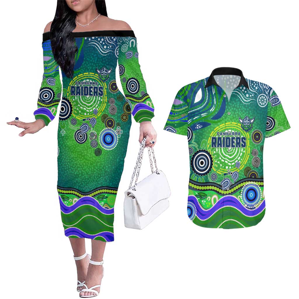 Canberra Raiders Rugby Couples Matching Off The Shoulder Long Sleeve Dress and Hawaiian Shirt Australian Aboriginal Dot Painting Style