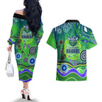 Canberra Raiders Rugby Couples Matching Off The Shoulder Long Sleeve Dress and Hawaiian Shirt Australian Aboriginal Dot Painting Style