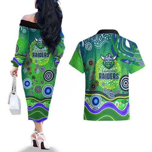 Canberra Raiders Rugby Couples Matching Off The Shoulder Long Sleeve Dress and Hawaiian Shirt Australian Aboriginal Dot Painting Style