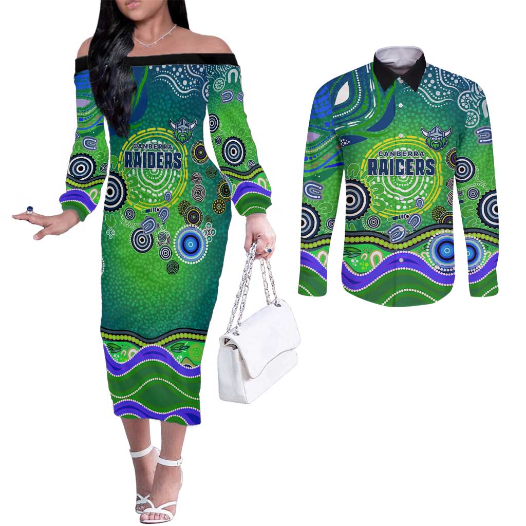 Canberra Raiders Rugby Couples Matching Off The Shoulder Long Sleeve Dress and Long Sleeve Button Shirt Australian Aboriginal Dot Painting Style