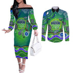 Canberra Raiders Rugby Couples Matching Off The Shoulder Long Sleeve Dress and Long Sleeve Button Shirt Australian Aboriginal Dot Painting Style