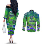Canberra Raiders Rugby Couples Matching Off The Shoulder Long Sleeve Dress and Long Sleeve Button Shirt Australian Aboriginal Dot Painting Style