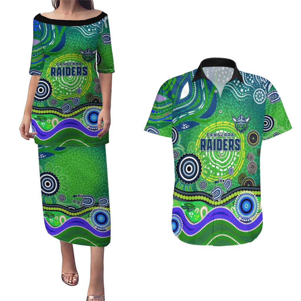 Canberra Raiders Rugby Couples Matching Puletasi and Hawaiian Shirt Australian Aboriginal Dot Painting Style