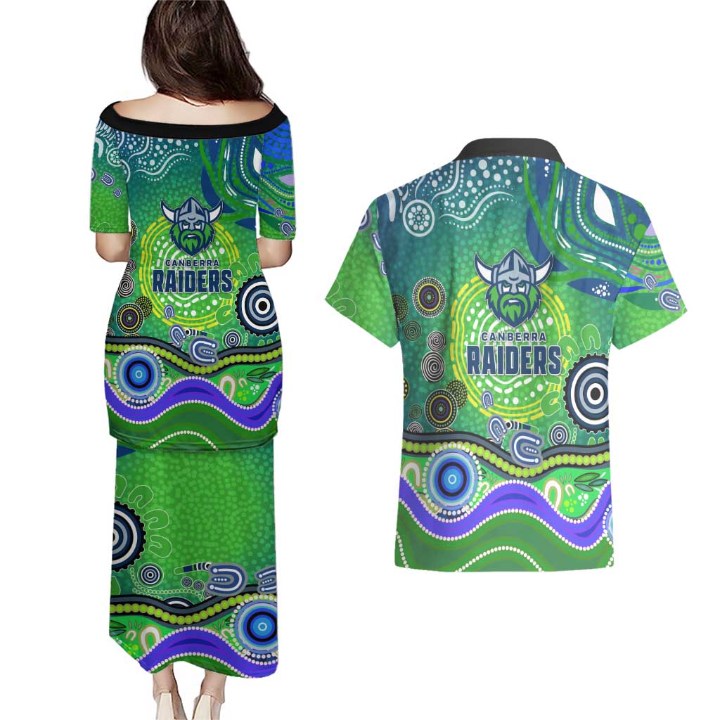 Canberra Raiders Rugby Couples Matching Puletasi and Hawaiian Shirt Australian Aboriginal Dot Painting Style