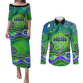 Canberra Raiders Rugby Couples Matching Puletasi and Long Sleeve Button Shirt Australian Aboriginal Dot Painting Style