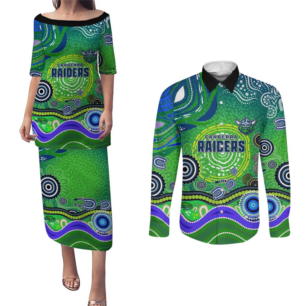 Canberra Raiders Rugby Couples Matching Puletasi and Long Sleeve Button Shirt Australian Aboriginal Dot Painting Style