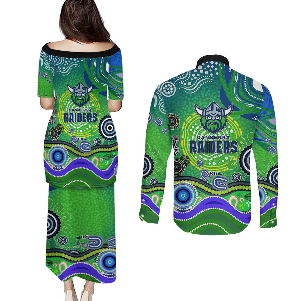 Canberra Raiders Rugby Couples Matching Puletasi and Long Sleeve Button Shirt Australian Aboriginal Dot Painting Style