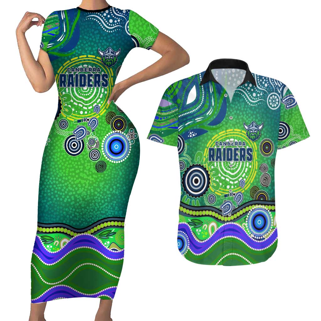 Canberra Raiders Rugby Couples Matching Short Sleeve Bodycon Dress and Hawaiian Shirt Australian Aboriginal Dot Painting Style