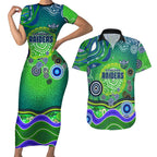Canberra Raiders Rugby Couples Matching Short Sleeve Bodycon Dress and Hawaiian Shirt Australian Aboriginal Dot Painting Style