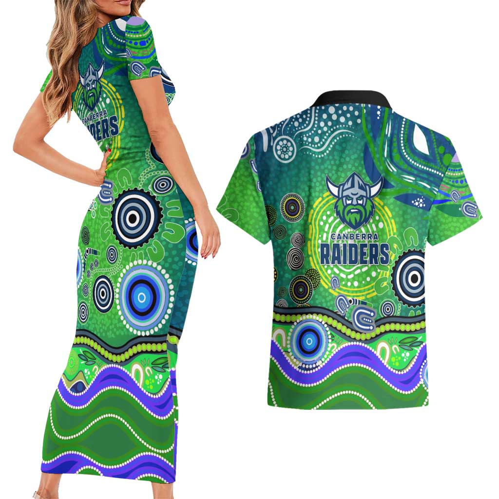 Canberra Raiders Rugby Couples Matching Short Sleeve Bodycon Dress and Hawaiian Shirt Australian Aboriginal Dot Painting Style