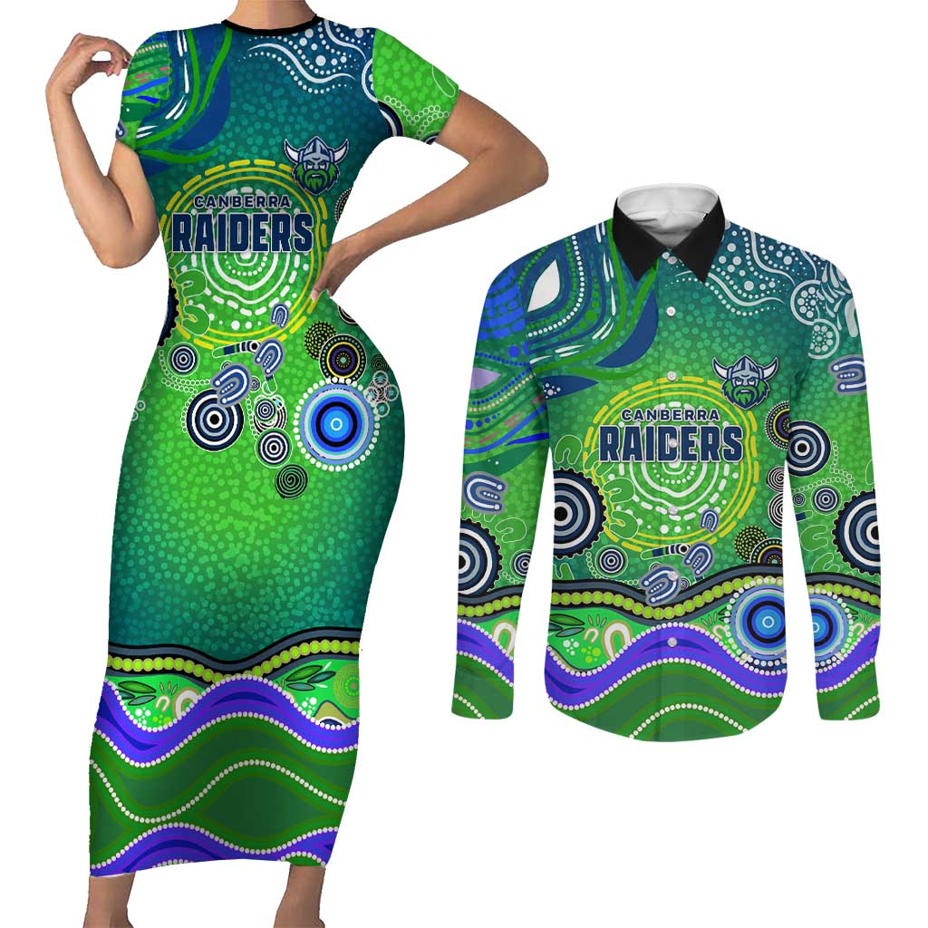 Canberra Raiders Rugby Couples Matching Short Sleeve Bodycon Dress and Long Sleeve Button Shirt Australian Aboriginal Dot Painting Style