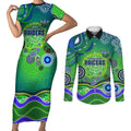 Canberra Raiders Rugby Couples Matching Short Sleeve Bodycon Dress and Long Sleeve Button Shirt Australian Aboriginal Dot Painting Style