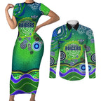Canberra Raiders Rugby Couples Matching Short Sleeve Bodycon Dress and Long Sleeve Button Shirt Australian Aboriginal Dot Painting Style