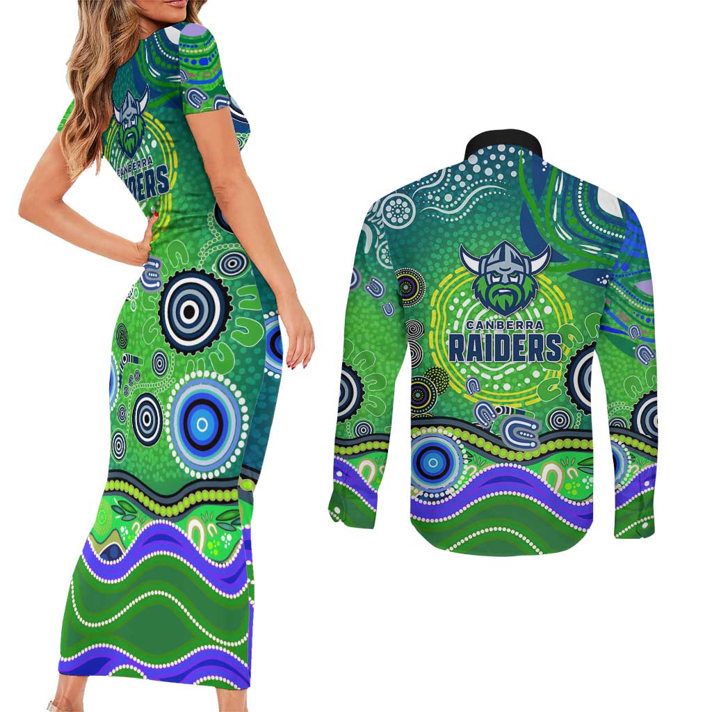 Canberra Raiders Rugby Couples Matching Short Sleeve Bodycon Dress and Long Sleeve Button Shirt Australian Aboriginal Dot Painting Style