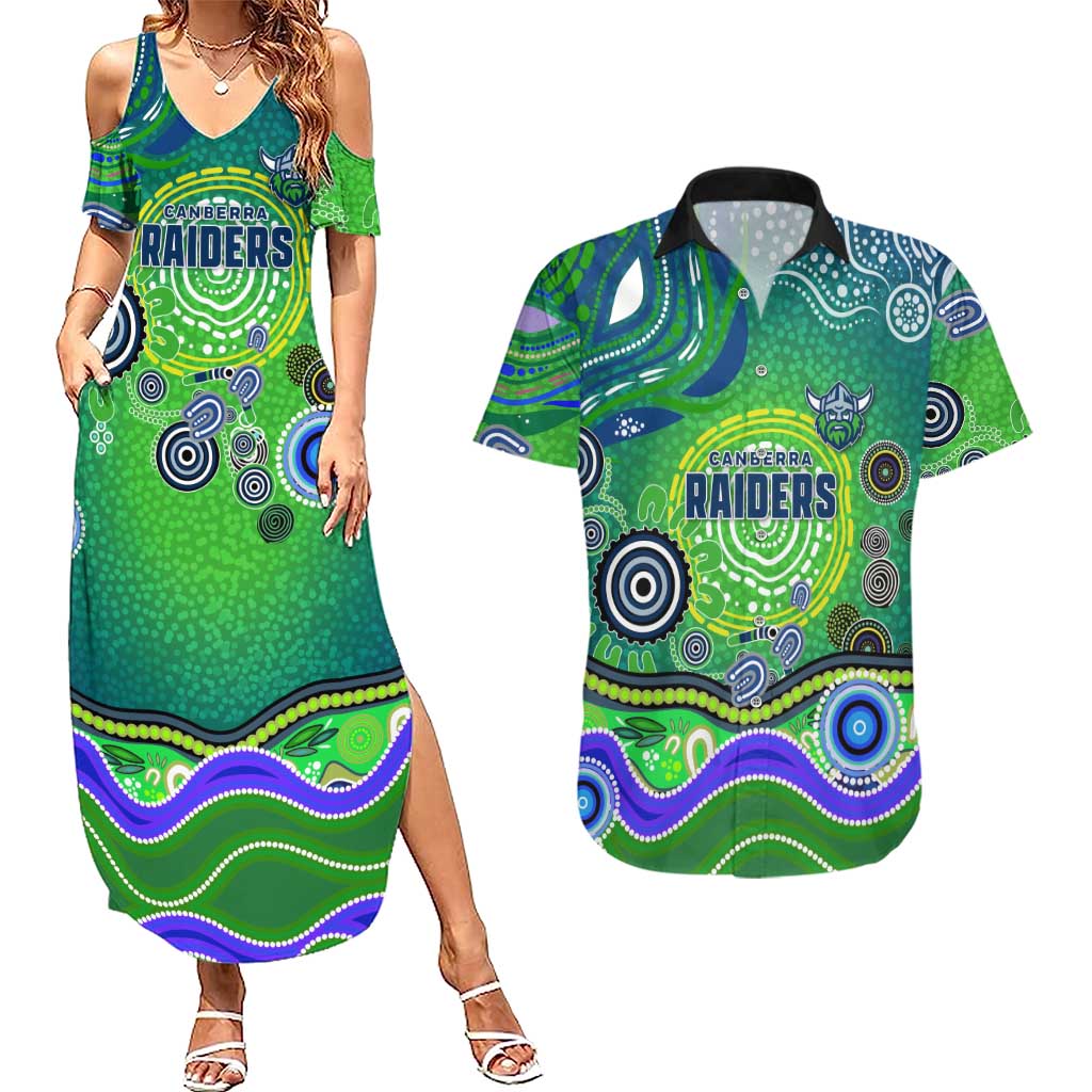 Canberra Raiders Rugby Couples Matching Summer Maxi Dress and Hawaiian Shirt Australian Aboriginal Dot Painting Style
