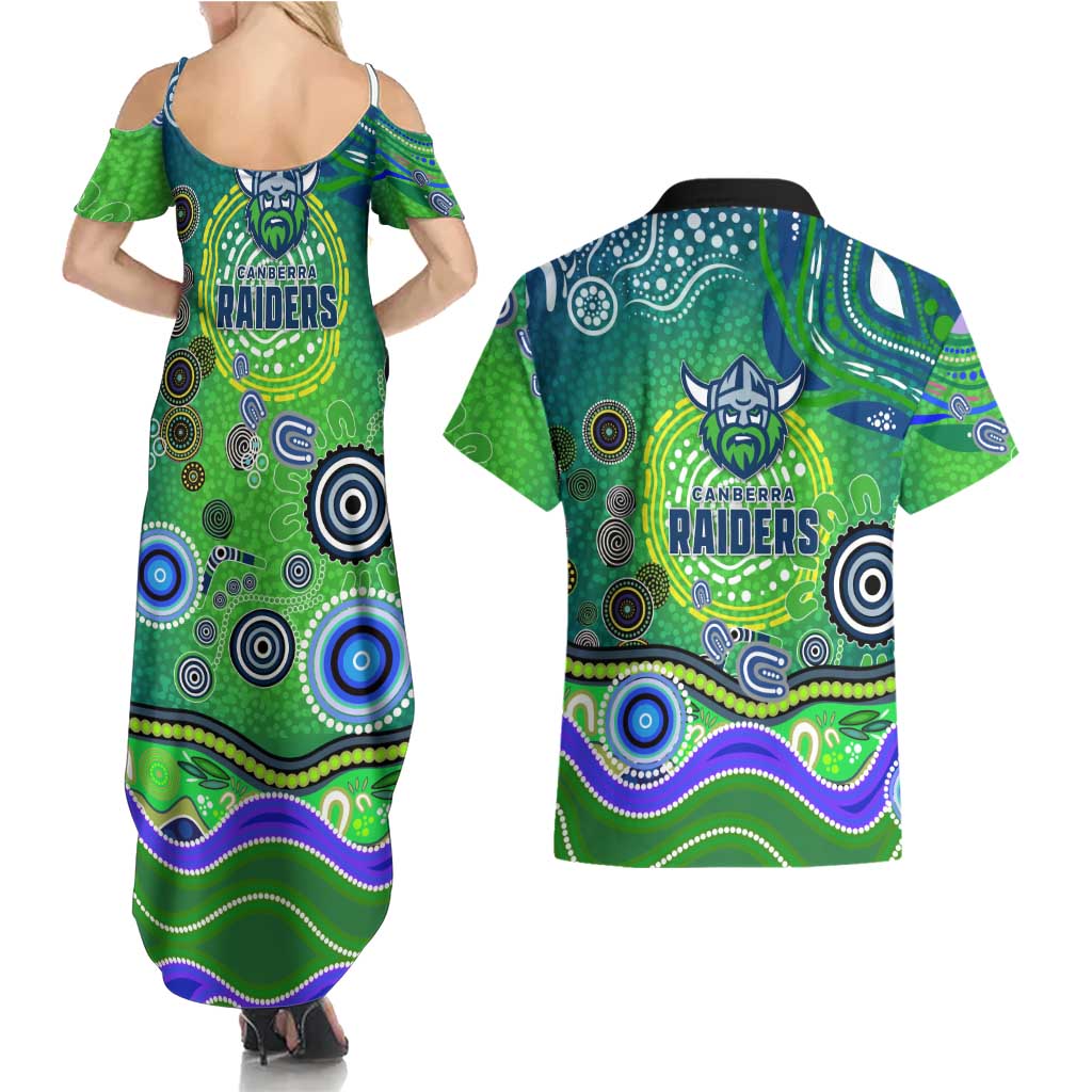 Canberra Raiders Rugby Couples Matching Summer Maxi Dress and Hawaiian Shirt Australian Aboriginal Dot Painting Style
