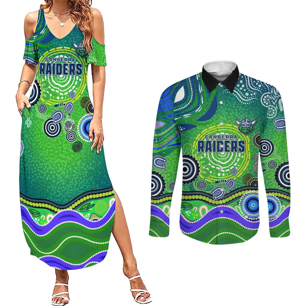 Canberra Raiders Rugby Couples Matching Summer Maxi Dress and Long Sleeve Button Shirt Australian Aboriginal Dot Painting Style
