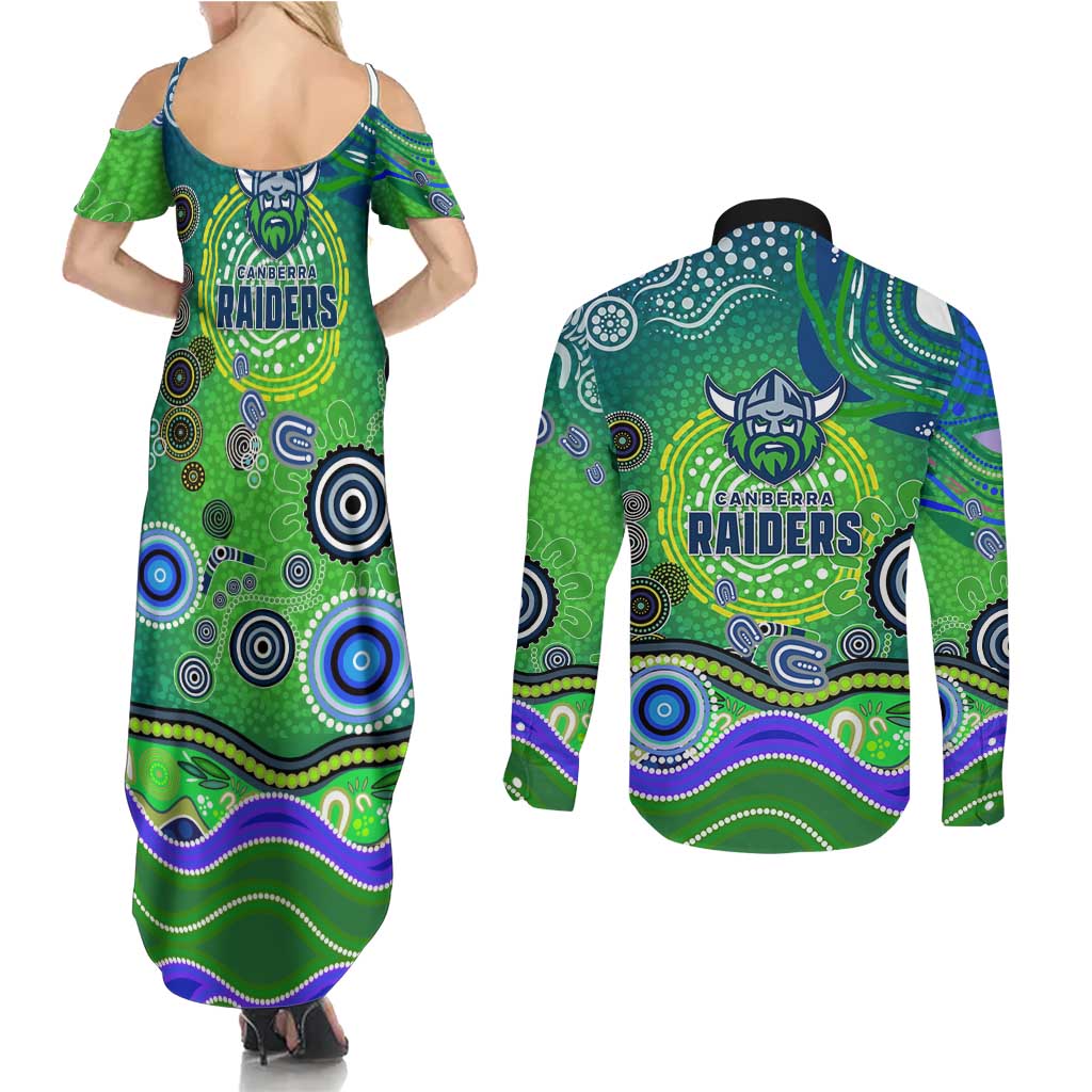 Canberra Raiders Rugby Couples Matching Summer Maxi Dress and Long Sleeve Button Shirt Australian Aboriginal Dot Painting Style