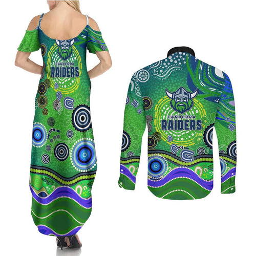 Canberra Raiders Rugby Couples Matching Summer Maxi Dress and Long Sleeve Button Shirt Australian Aboriginal Dot Painting Style
