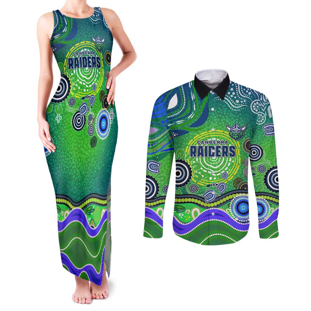 Canberra Raiders Rugby Couples Matching Tank Maxi Dress and Long Sleeve Button Shirt Australian Aboriginal Dot Painting Style