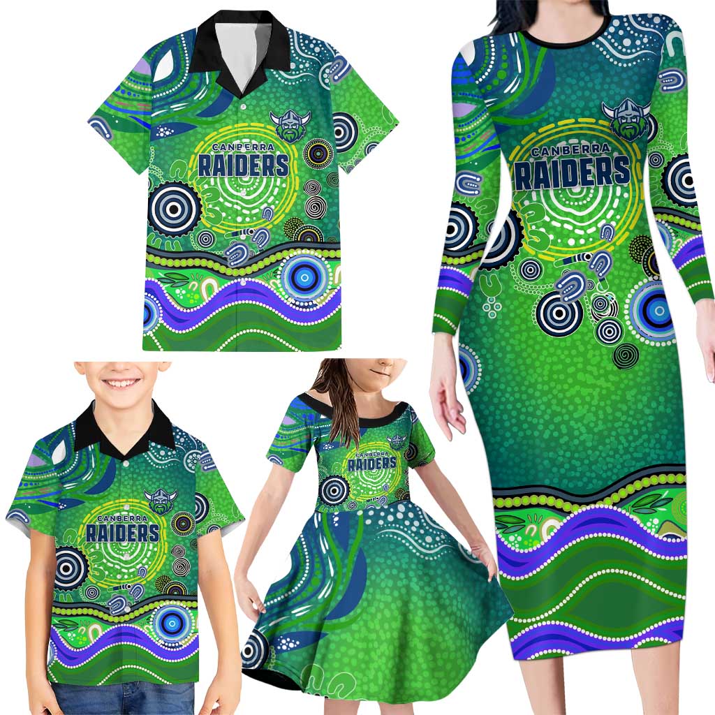 Canberra Raiders Rugby Family Matching Long Sleeve Bodycon Dress and Hawaiian Shirt Australian Aboriginal Dot Painting Style