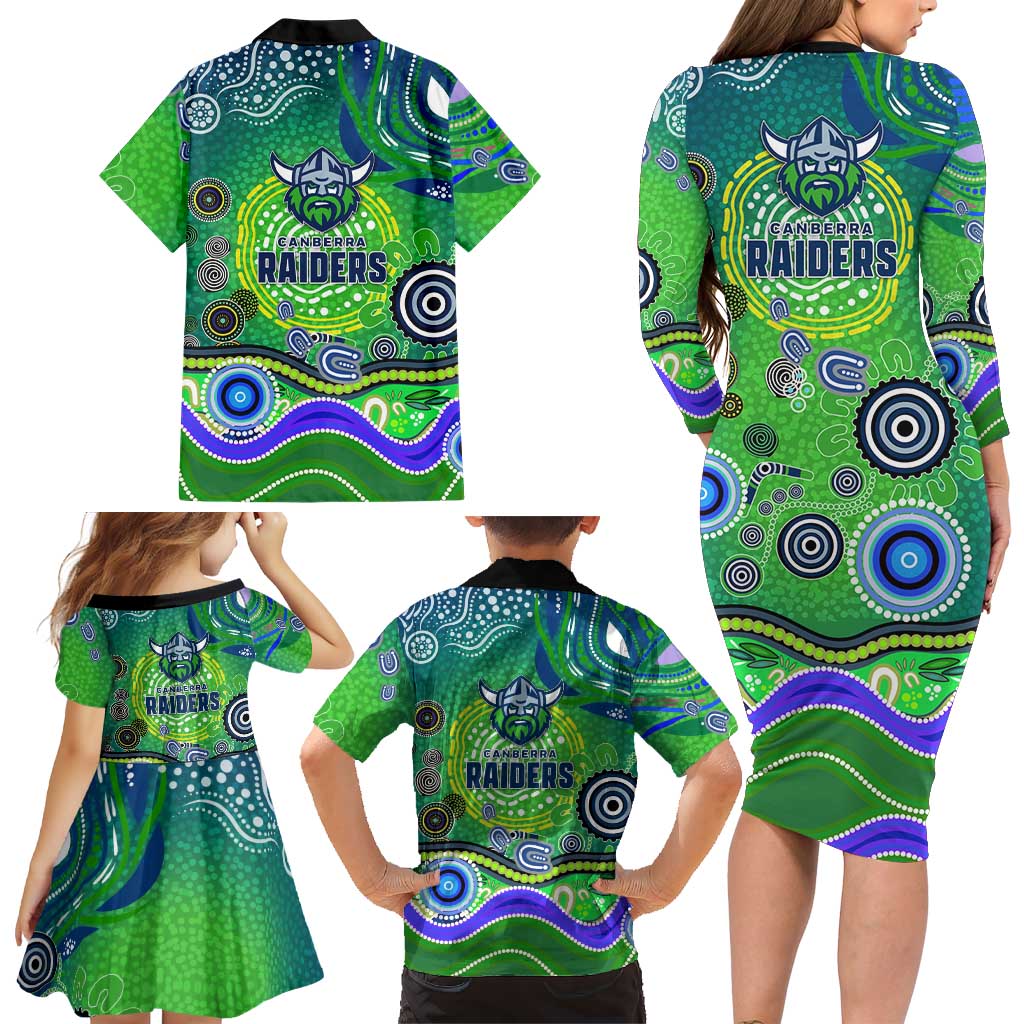 Canberra Raiders Rugby Family Matching Long Sleeve Bodycon Dress and Hawaiian Shirt Australian Aboriginal Dot Painting Style