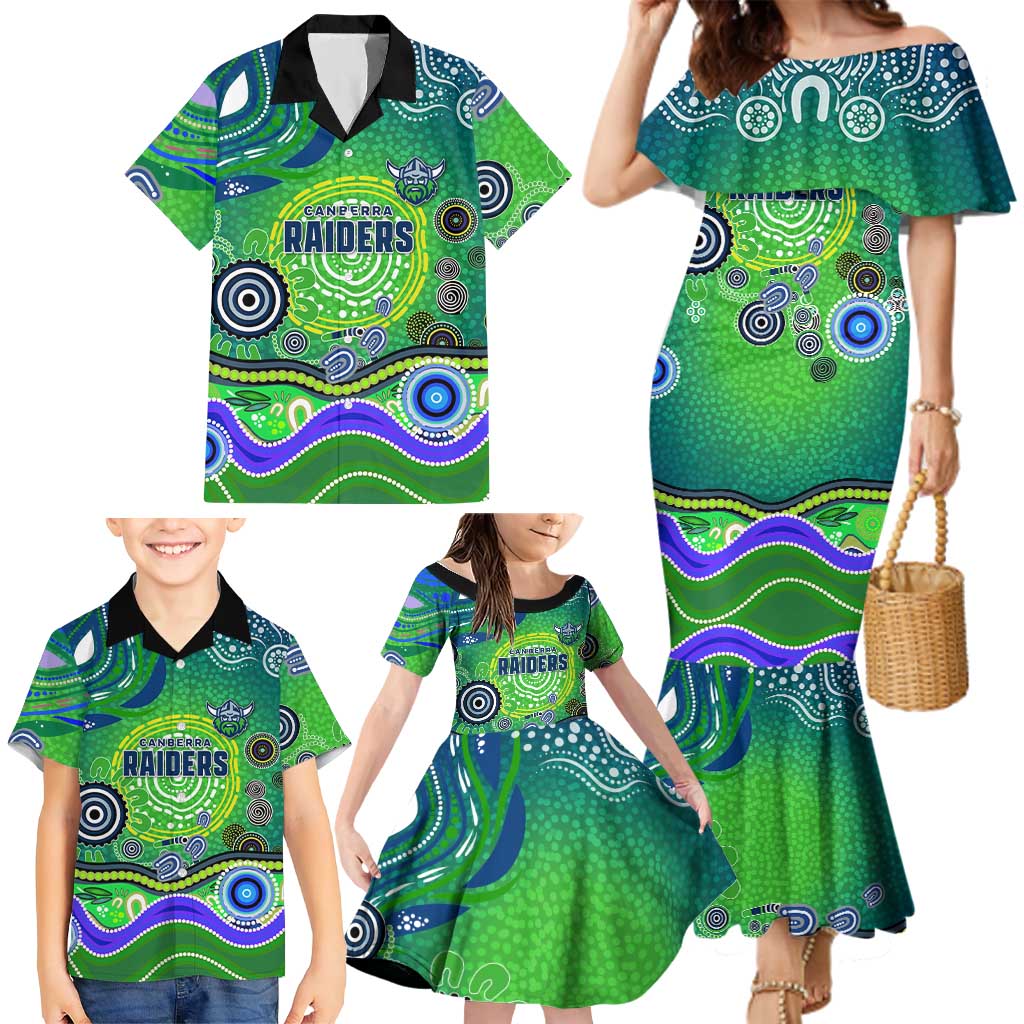 Canberra Raiders Rugby Family Matching Mermaid Dress and Hawaiian Shirt Australian Aboriginal Dot Painting Style