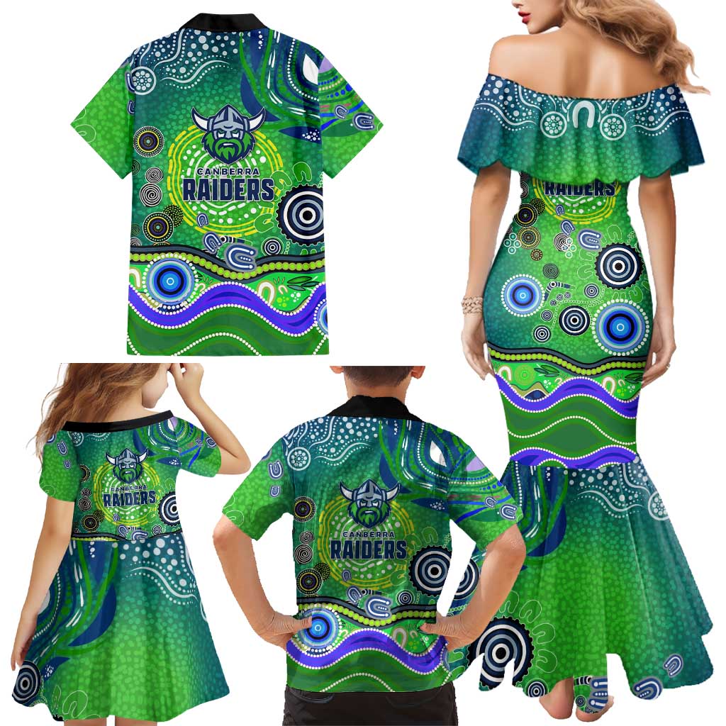 Canberra Raiders Rugby Family Matching Mermaid Dress and Hawaiian Shirt Australian Aboriginal Dot Painting Style