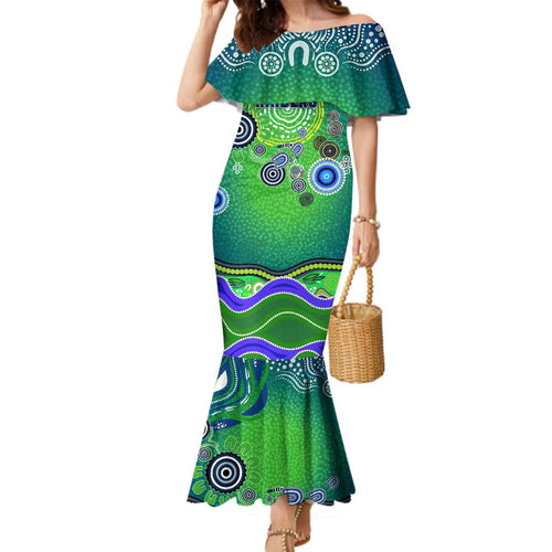 Canberra Raiders Rugby Family Matching Mermaid Dress and Hawaiian Shirt Australian Aboriginal Dot Painting Style