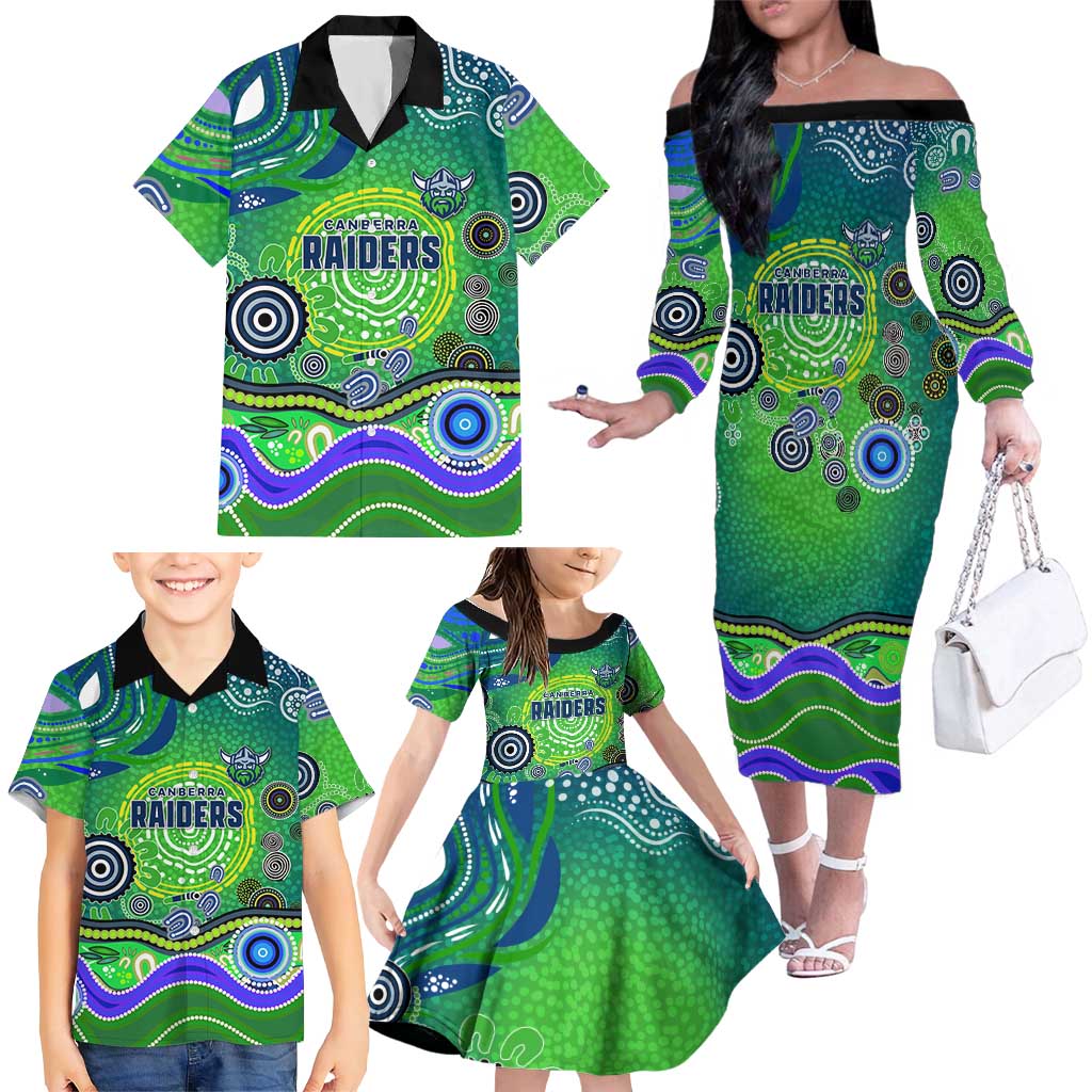 Canberra Raiders Rugby Family Matching Off The Shoulder Long Sleeve Dress and Hawaiian Shirt Australian Aboriginal Dot Painting Style