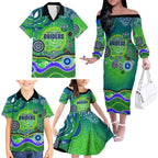 Canberra Raiders Rugby Family Matching Off The Shoulder Long Sleeve Dress and Hawaiian Shirt Australian Aboriginal Dot Painting Style