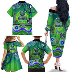 Canberra Raiders Rugby Family Matching Off The Shoulder Long Sleeve Dress and Hawaiian Shirt Australian Aboriginal Dot Painting Style