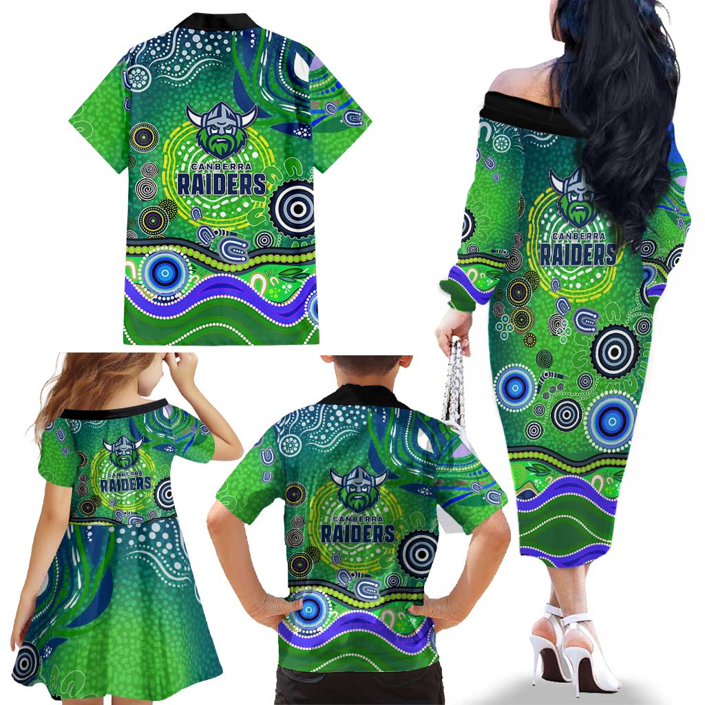 Canberra Raiders Rugby Family Matching Off The Shoulder Long Sleeve Dress and Hawaiian Shirt Australian Aboriginal Dot Painting Style