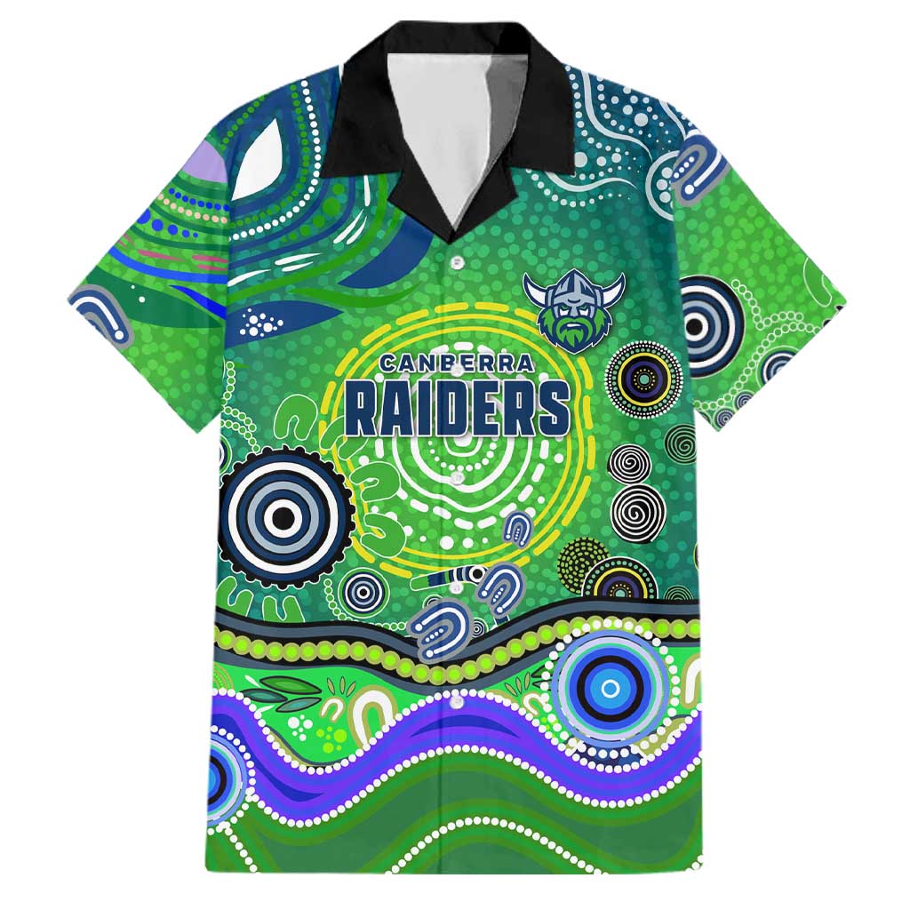 Canberra Raiders Rugby Family Matching Off The Shoulder Long Sleeve Dress and Hawaiian Shirt Australian Aboriginal Dot Painting Style