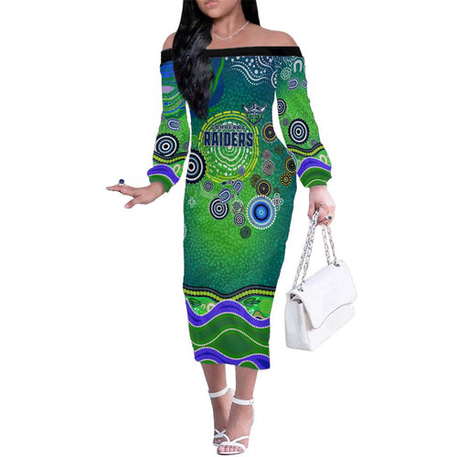 Canberra Raiders Rugby Family Matching Off The Shoulder Long Sleeve Dress and Hawaiian Shirt Australian Aboriginal Dot Painting Style