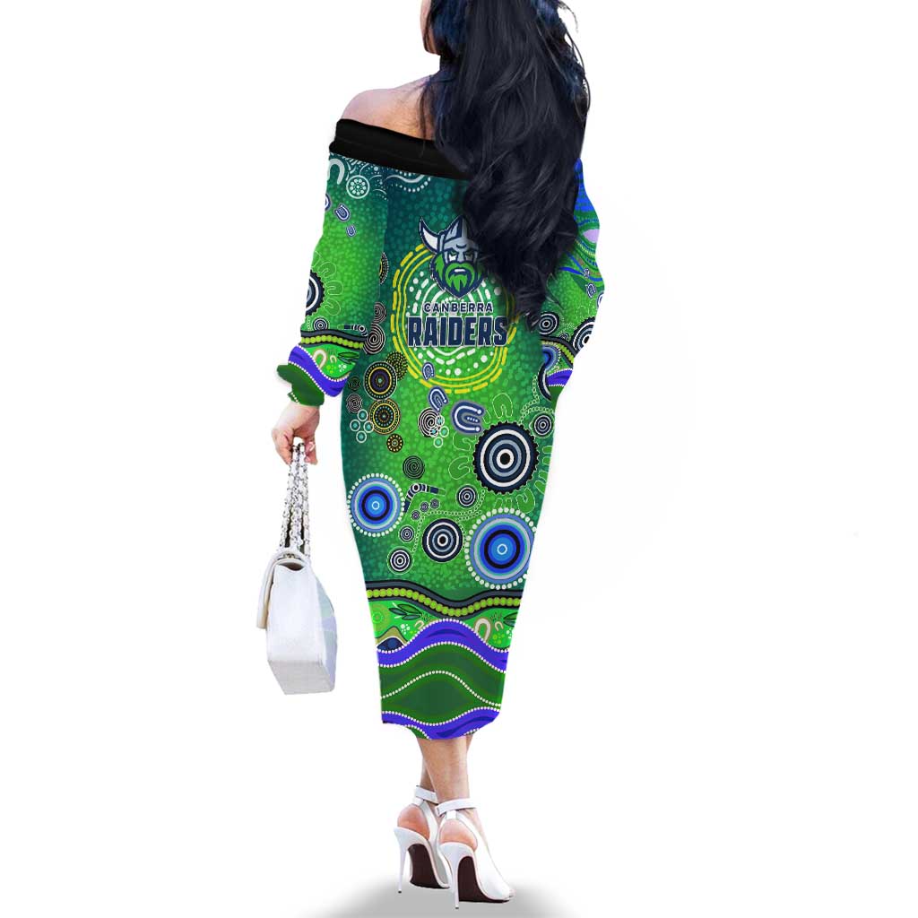 Canberra Raiders Rugby Family Matching Off The Shoulder Long Sleeve Dress and Hawaiian Shirt Australian Aboriginal Dot Painting Style