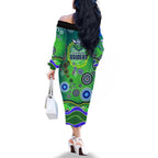 Canberra Raiders Rugby Family Matching Off The Shoulder Long Sleeve Dress and Hawaiian Shirt Australian Aboriginal Dot Painting Style