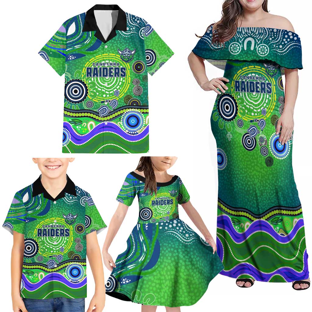 Canberra Raiders Rugby Family Matching Off Shoulder Maxi Dress and Hawaiian Shirt Australian Aboriginal Dot Painting Style