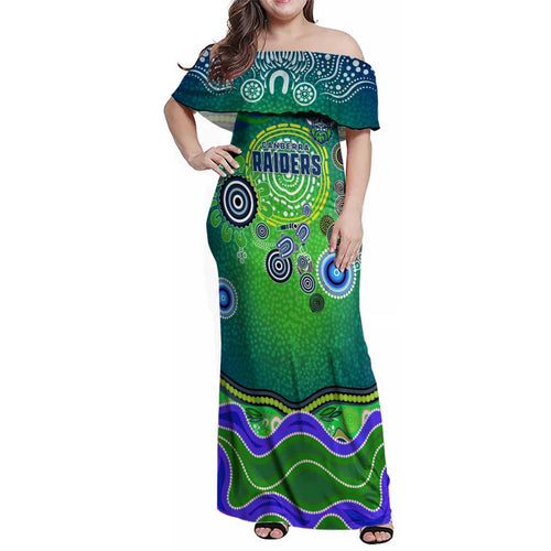 Canberra Raiders Rugby Family Matching Off Shoulder Maxi Dress and Hawaiian Shirt Australian Aboriginal Dot Painting Style